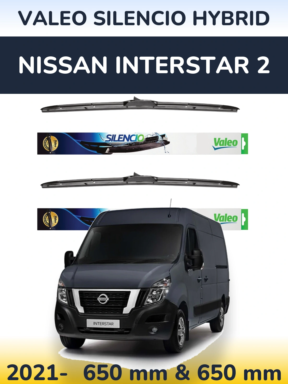 Front wiper blade set Valeo Silencio Hybrid 650 & 650 mm for Nissan Interstar 2 2021-2026