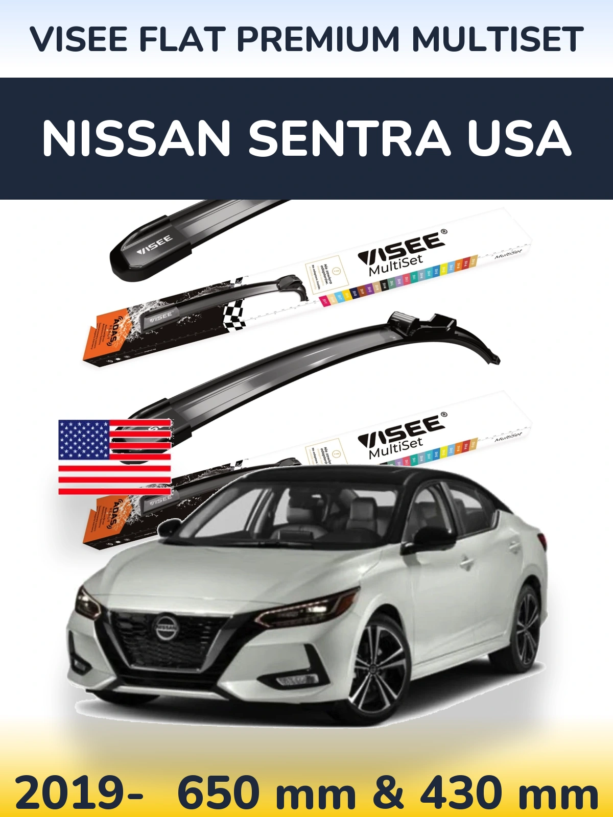 Komplet przednich wycieraczek VISEE FLAT PREMIUM MultiSet 650 & 430 mm do Nissan Sentra USA 2019-2026