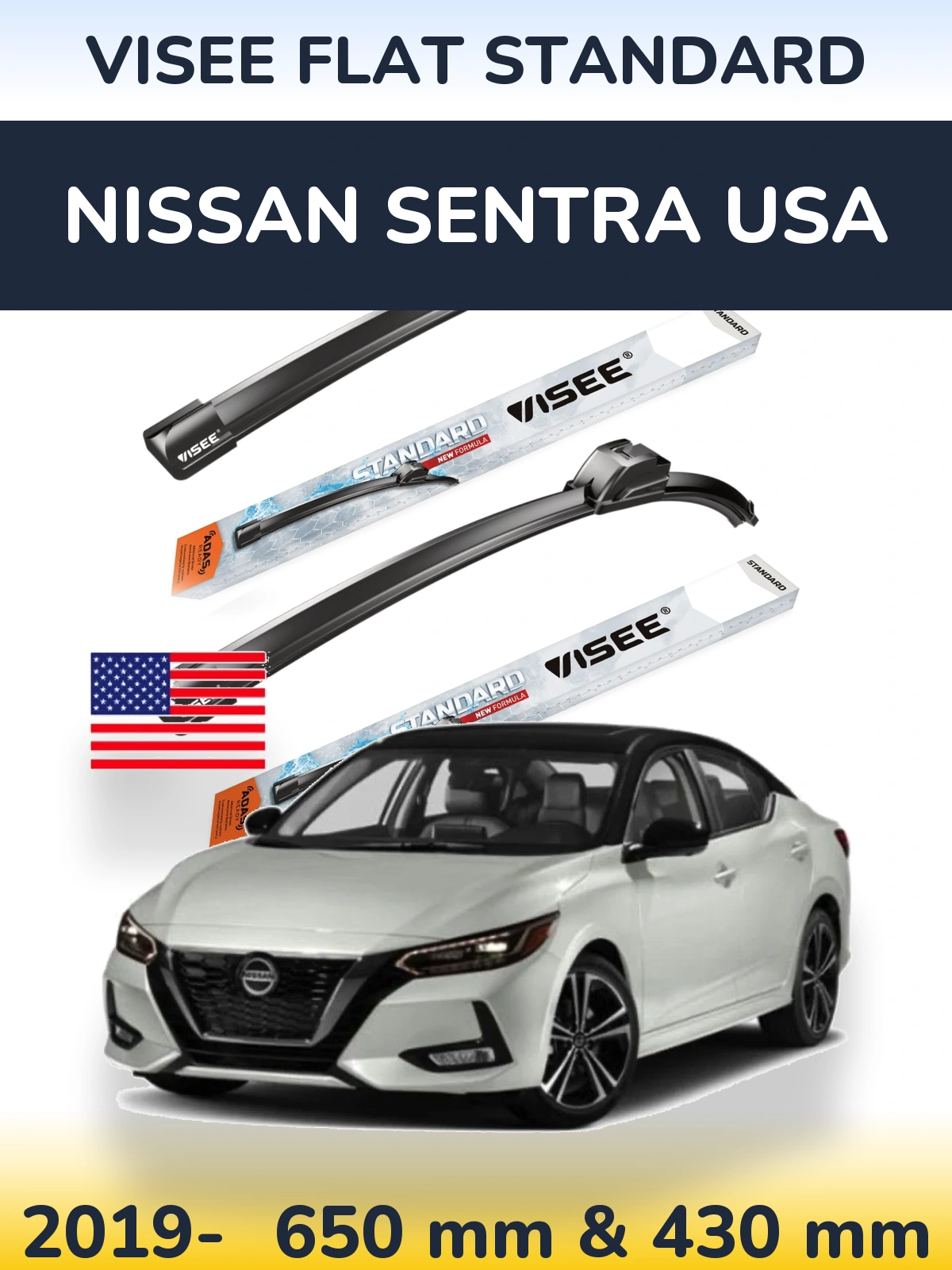 Komplet przednich wycieraczek VISEE FLAT STANDARD 650 & 430 mm do Nissan Sentra USA 2019-2026