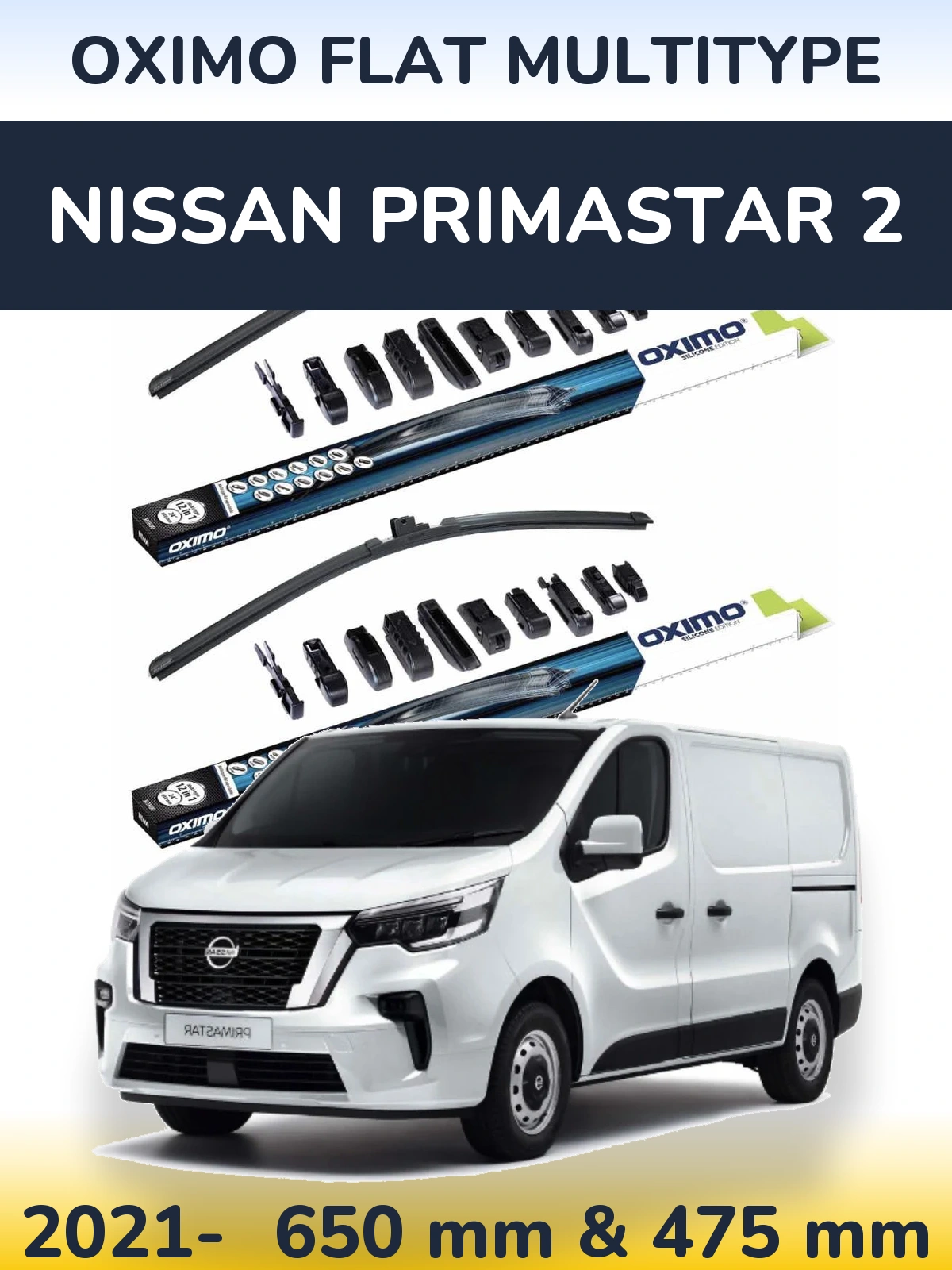 Front wiper blade set Oximo Flat MultiTypee 650 & 475 mm for Nissan Primastar 2 2021-2026