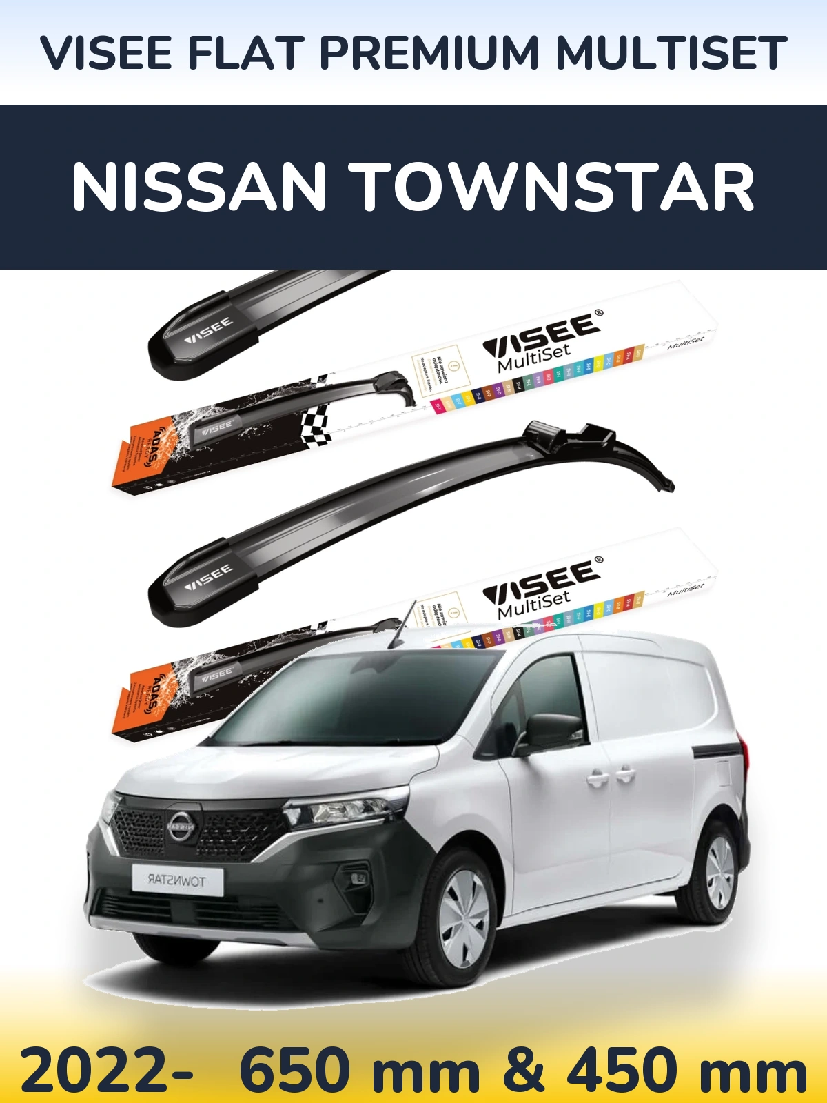 Front wiper blade set VISEE FLAT PREMIUM MultiSet 650 & 450 mm for Nissan Townstar 2022-2026