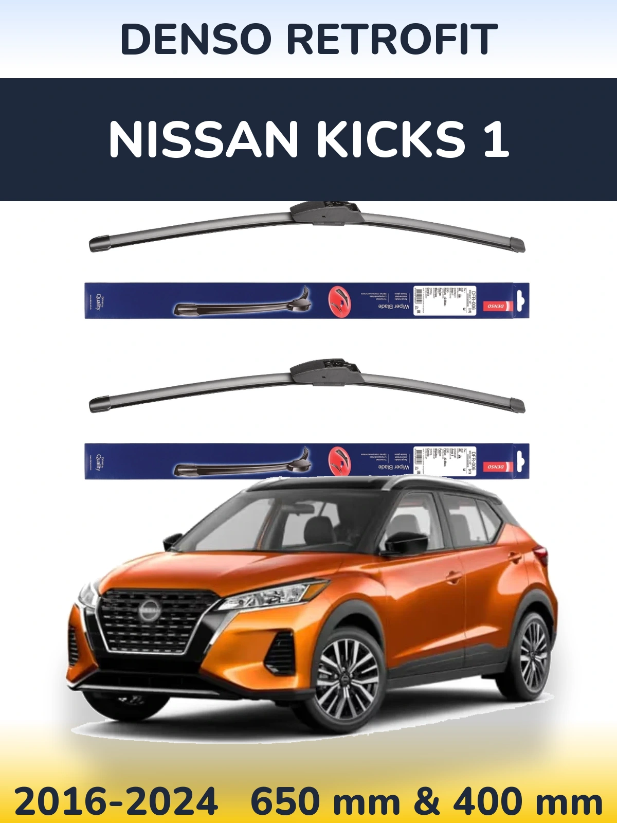 Front wiper blade set Denso Retrofit 650 & 400 mm for Nissan Kicks 1 2016-2024