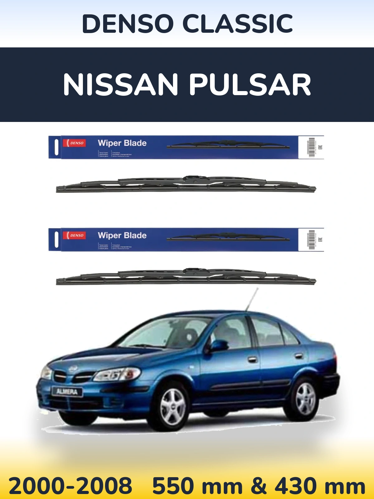 Front wiper blade set Denso Classic 550 & 430 mm for Nissan Pulsar 2000-2008
