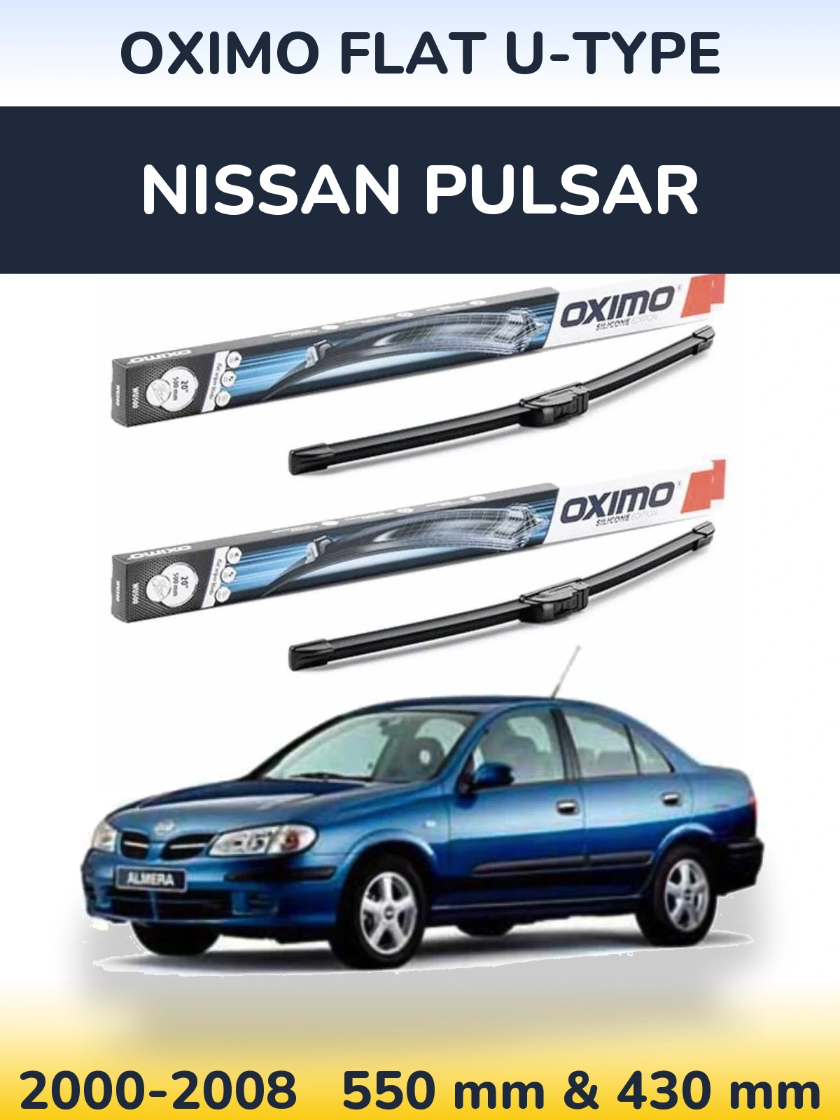 Front wiper blade set Oximo Flat U-type 550 & 430 mm for Nissan Pulsar 2000-2008