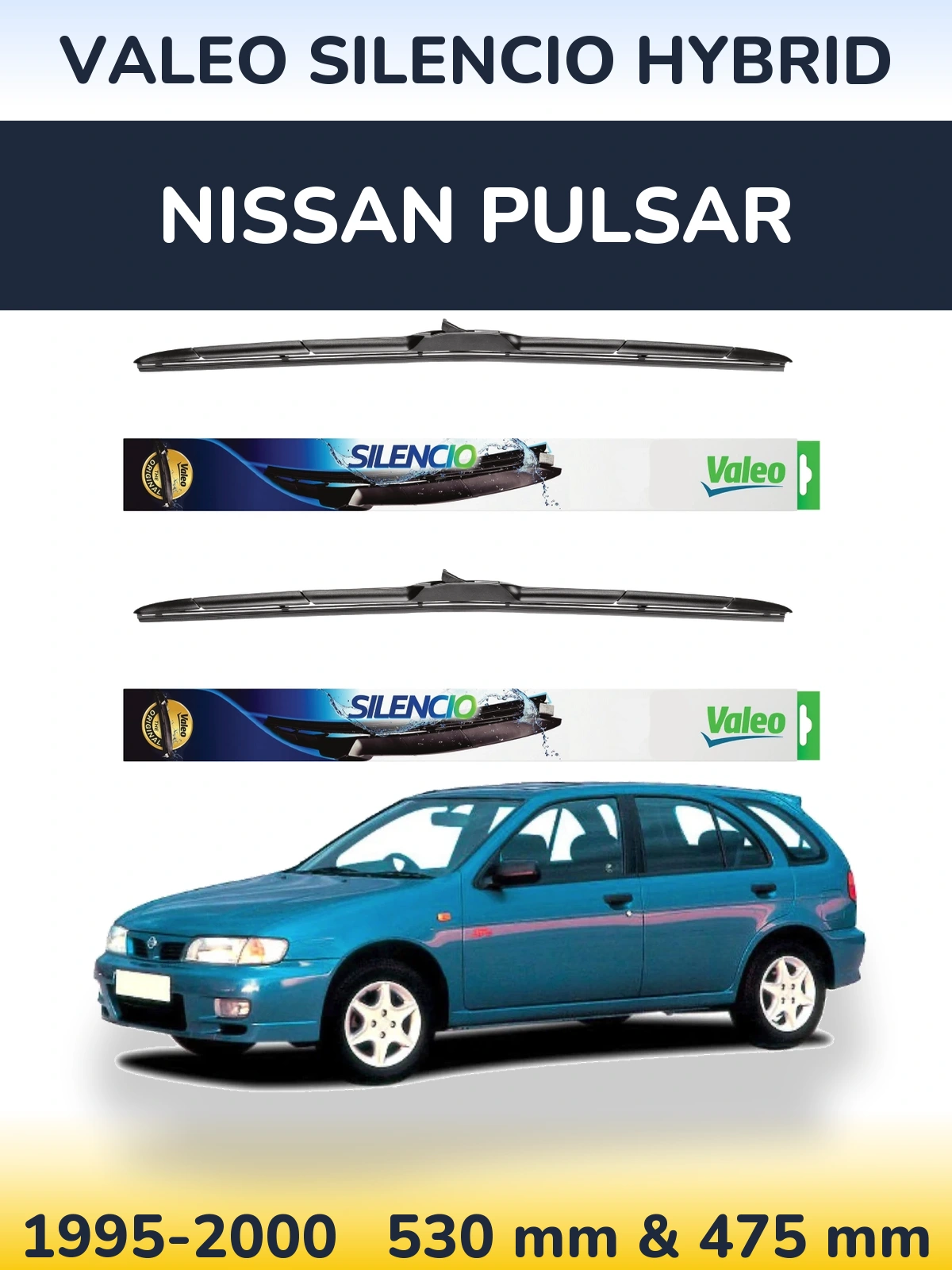 Front wiper blade set Valeo Silencio Hybrid 530 & 475 mm for Nissan Pulsar 1995-2000