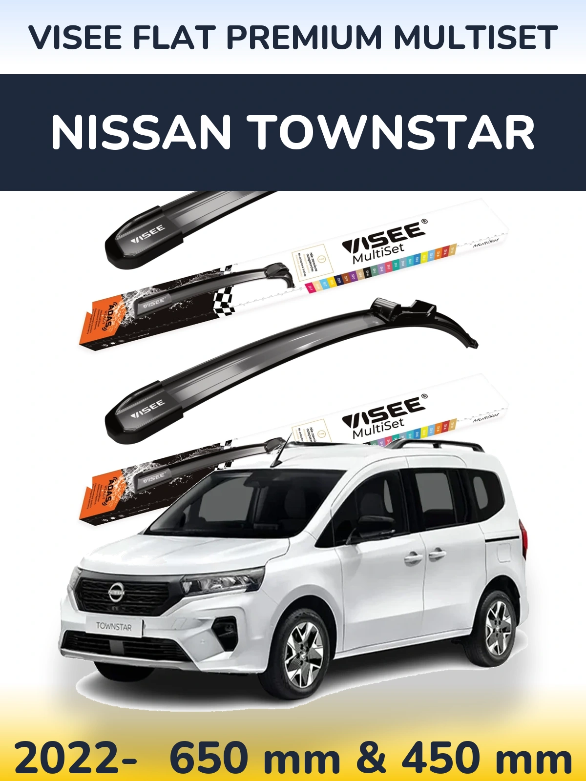 Komplet przednich wycieraczek VISEE FLAT PREMIUM MultiSet 650 & 450 mm do Nissan Townstar 2022-2026