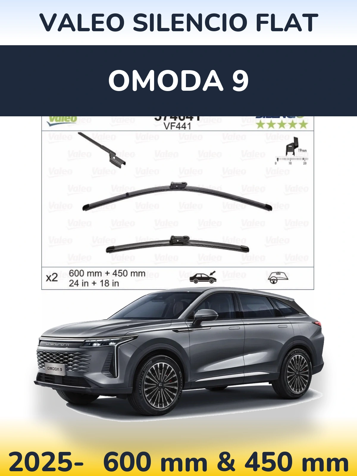 Komplet przednich wycieraczek Valeo Silencio Flat 600 & 450 mm do Omoda 9 2025-2026