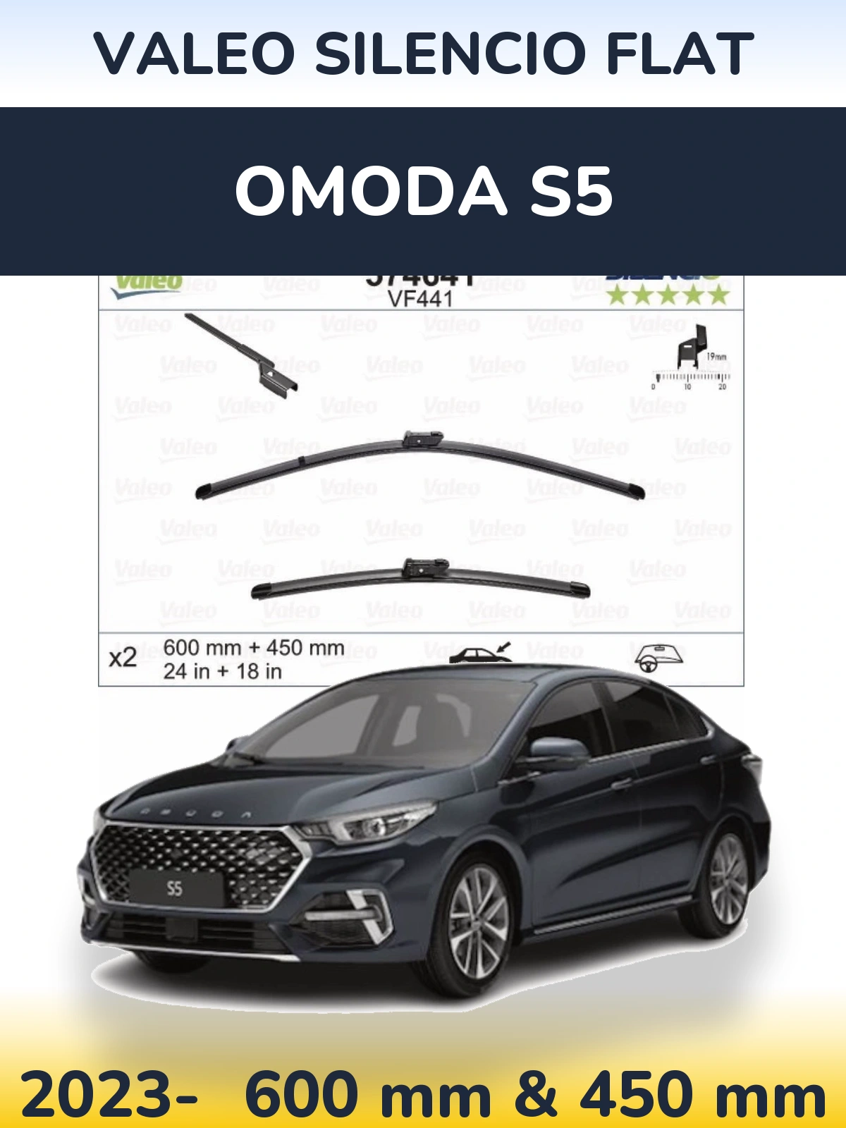 Front wiper blade set Valeo Silencio Flat 600 & 450 mm for Omoda S5 2023-2026