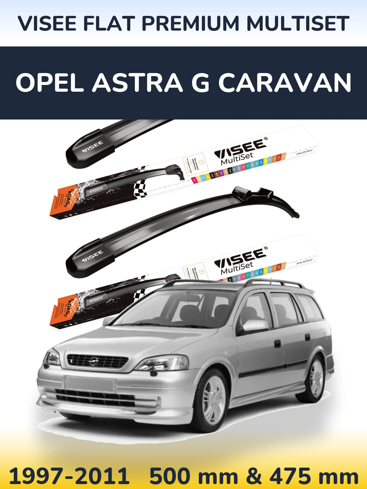 Front wiper blade set VISEE FLAT PREMIUM MultiSet 500 & 475 mm for Opel Astra G Caravan 1997-2011