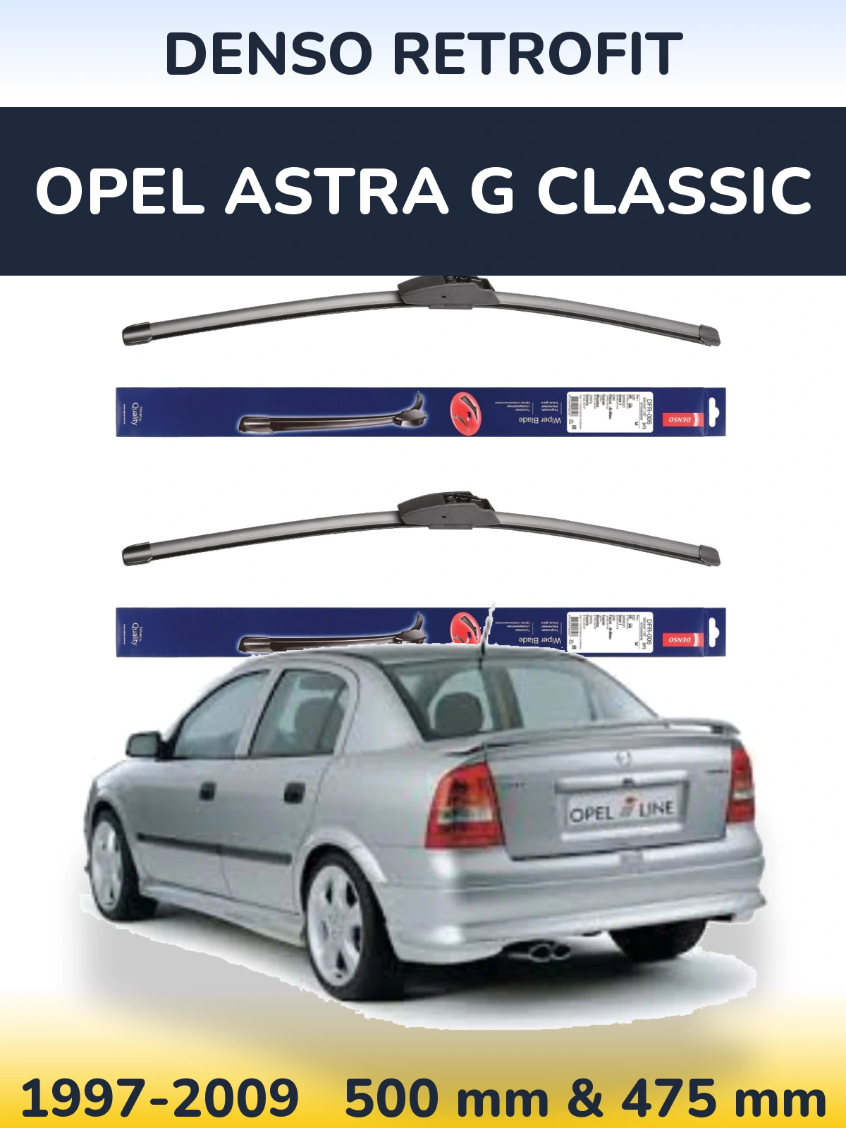 Front wiper blade set Denso Retrofit 500 & 475 mm for Opel Astra G Classic 1997-2009