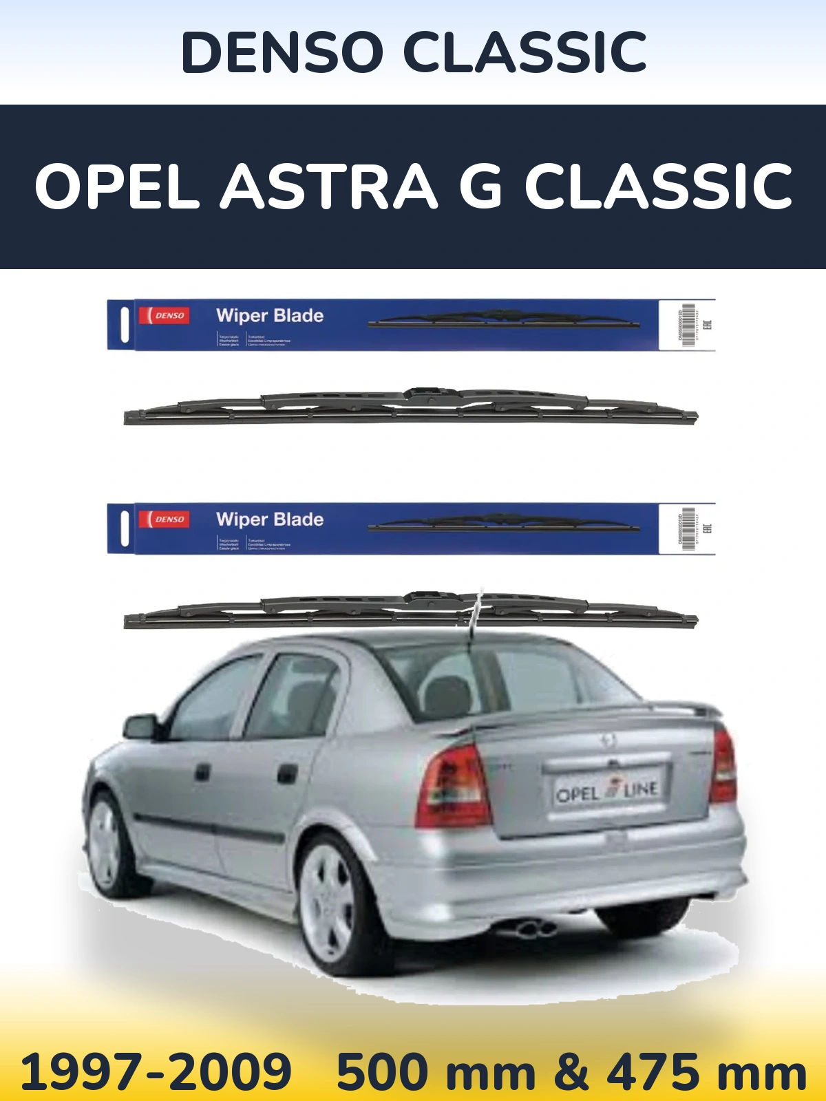 Front wiper blade set Denso Classic 500 & 475 mm for Opel Astra G Classic 1997-2009