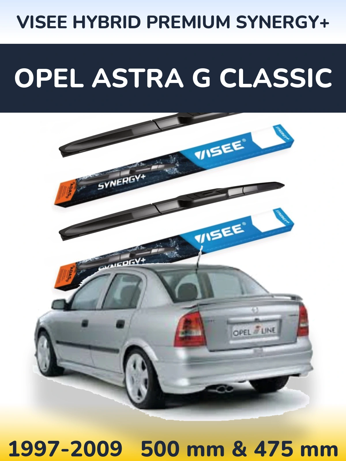Front wiper blade set VISEE HYBRID PREMIUM SYNERGY+ 500 & 475 mm for Opel Astra G Classic 1997-2009