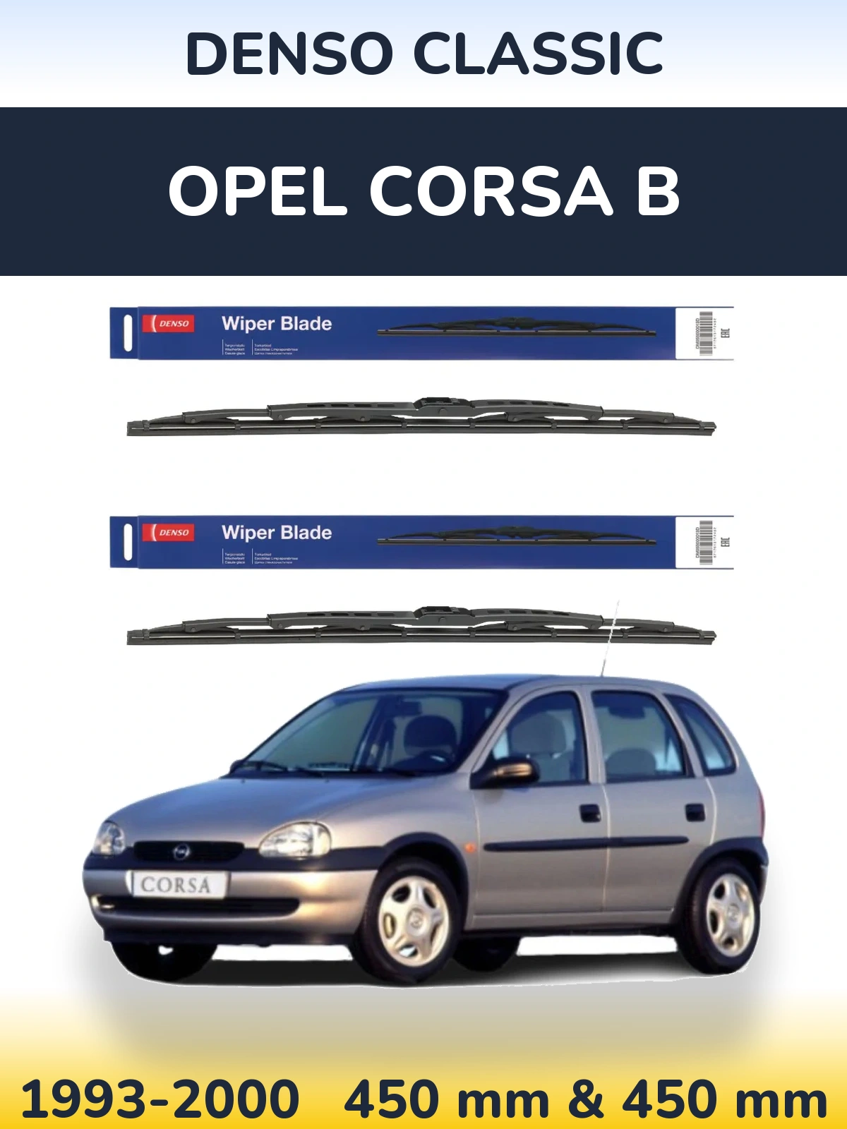 Front wiper blade set Denso Classic 450 & 450 mm for Opel Corsa B 1993-2000