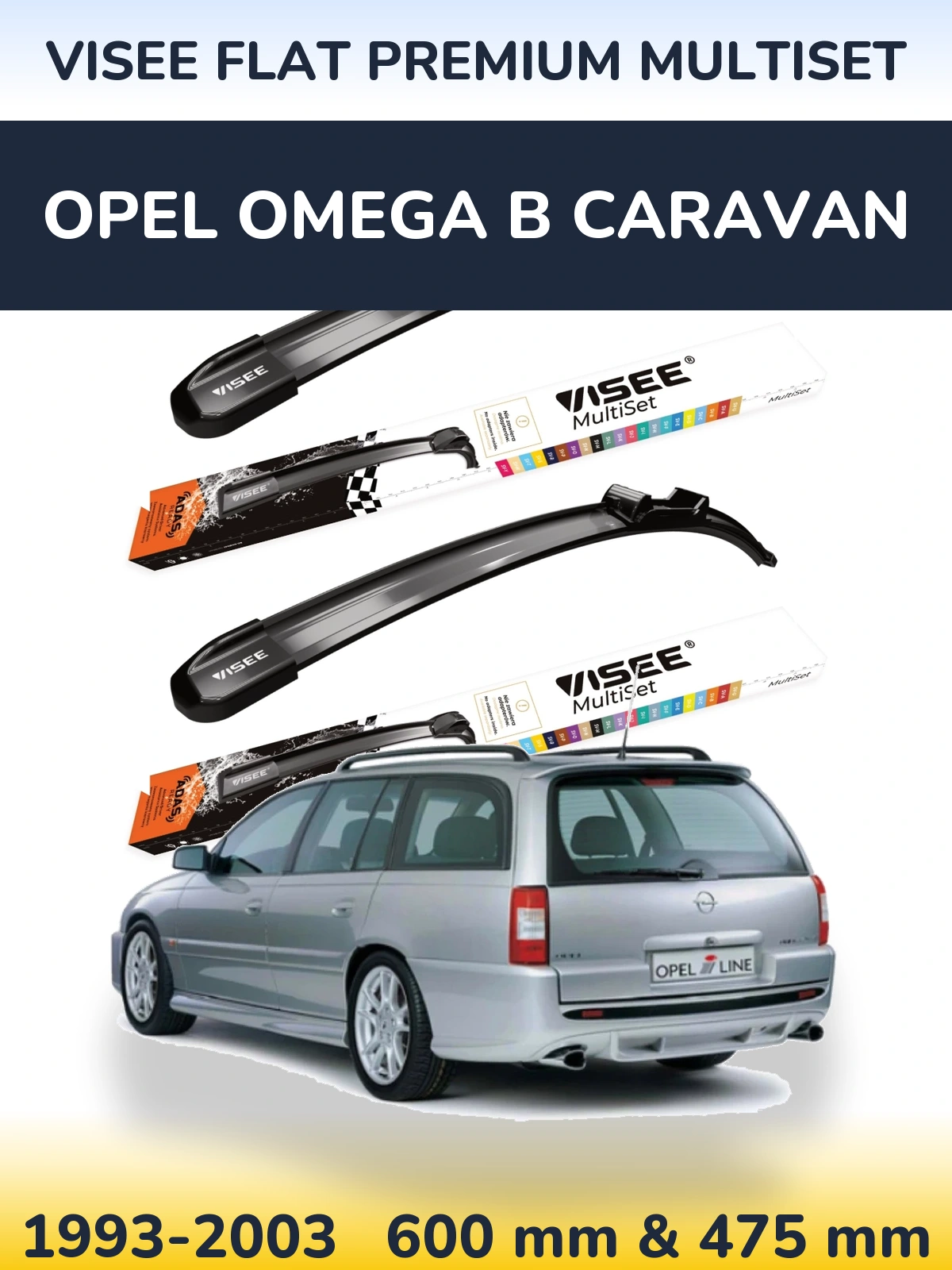 Front wiper blade set VISEE FLAT PREMIUM MultiSet 600 & 475 mm for Opel Omega B Caravan 1993-2003
