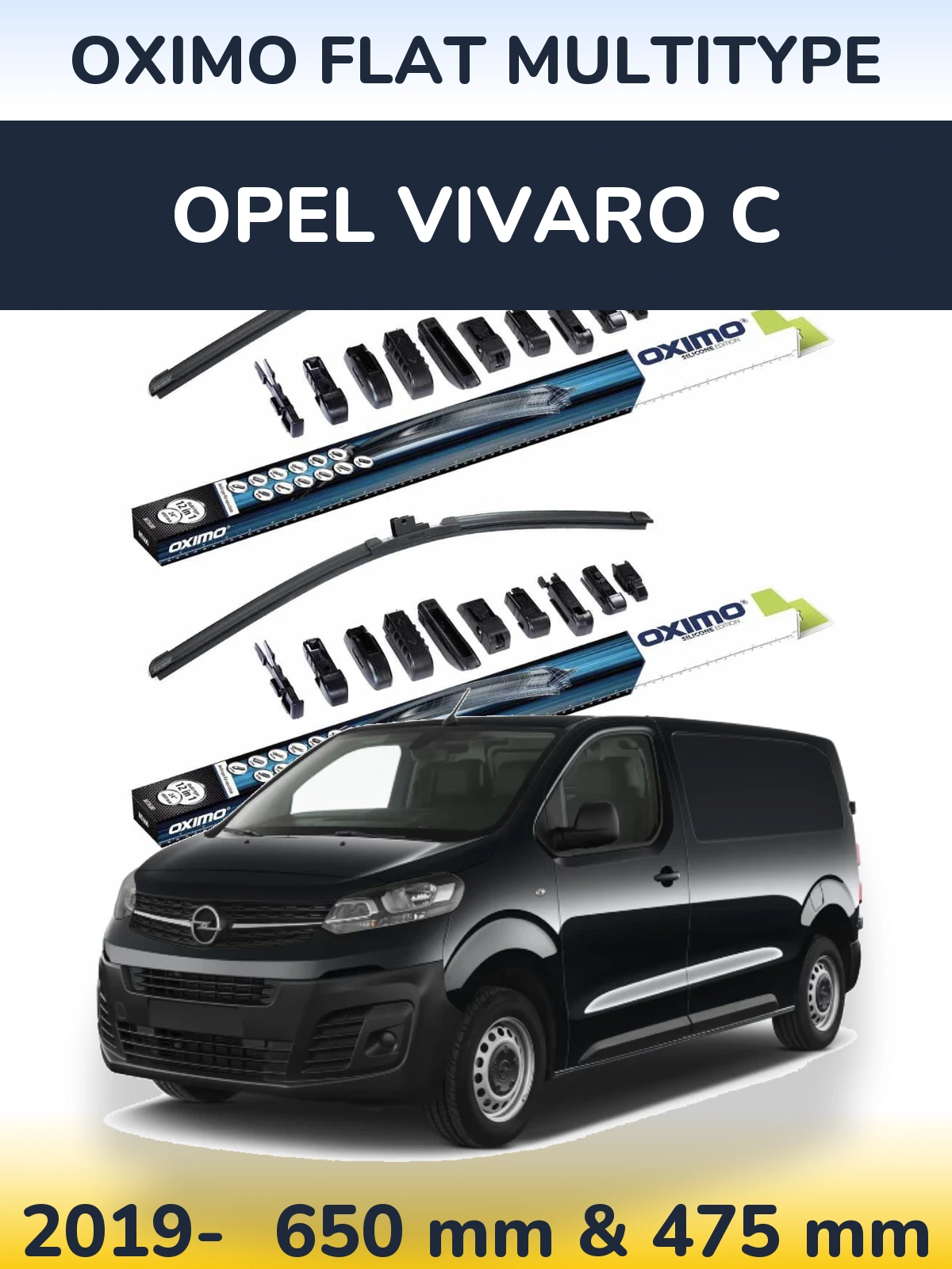 Комплект передніх щіток Oximo Flat MultiТипe 650 & 475 мм для Opel Vivaro C 2019-2026