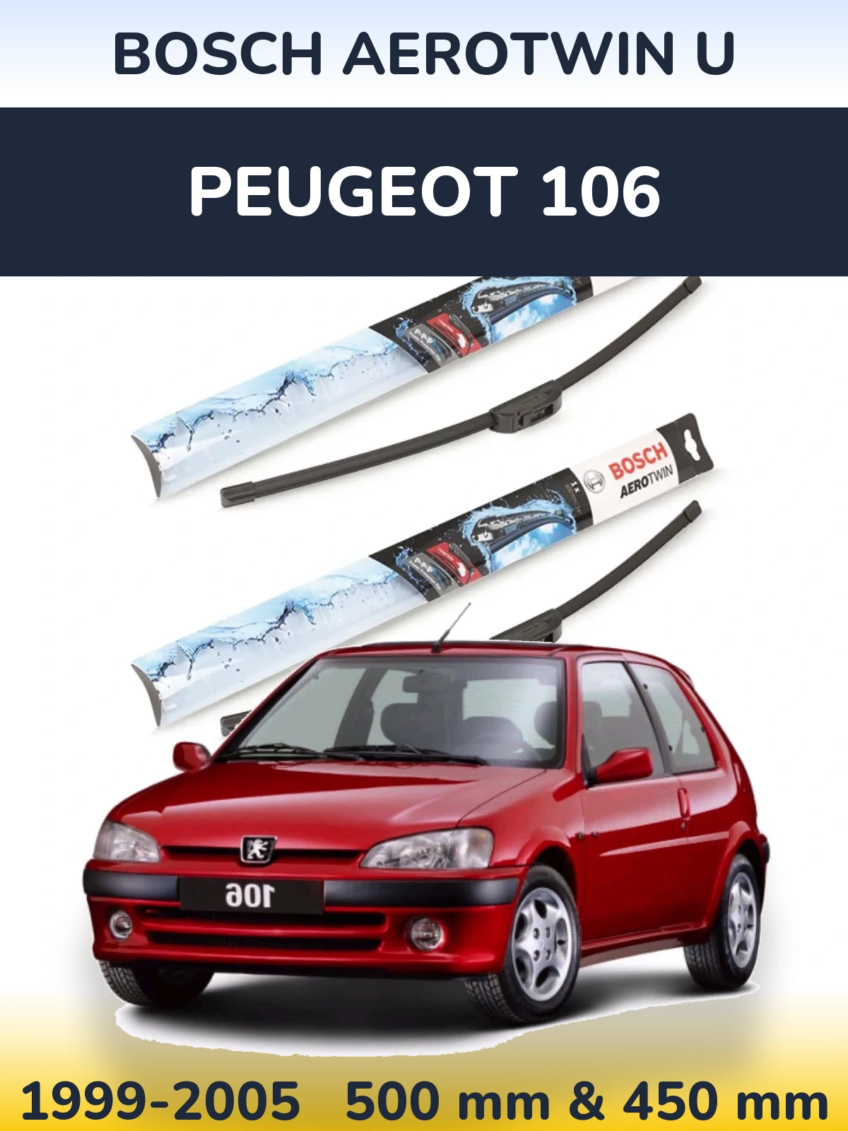 Front wiper blade set BOSCH AeroTwin U 500 & 450 mm for Peugeot 106 1999-2005