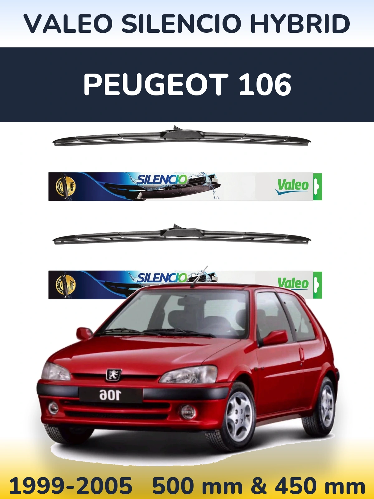 Komplet przednich wycieraczek Valeo Silencio Hybrid 500 & 450 mm do Peugeot 106 1999-2005