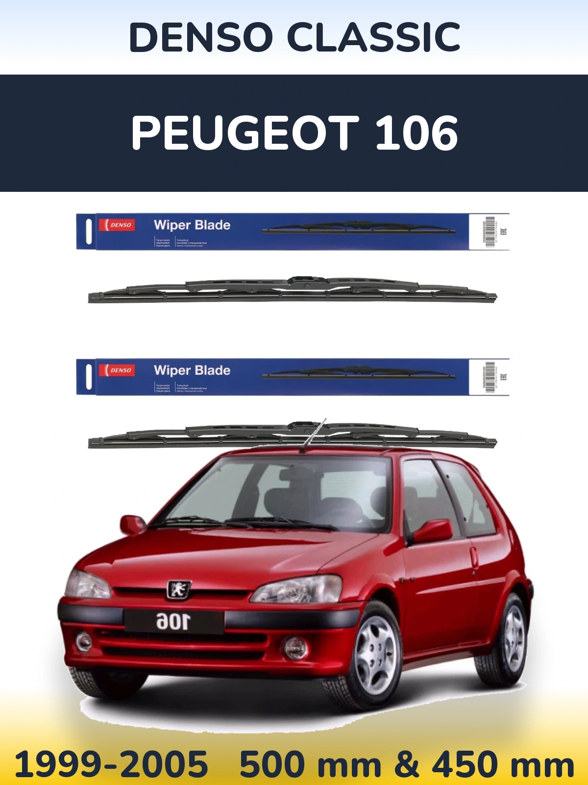 Front wiper blade set Denso Classic 500 & 450 mm for Peugeot 106 1999-2005