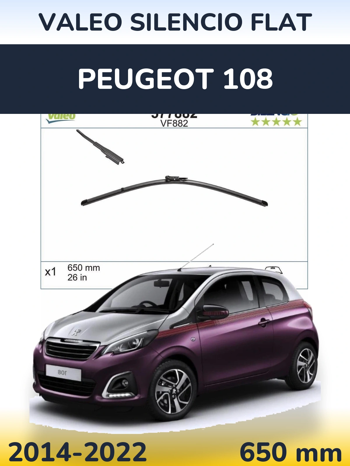 Передний дворник Valeo Silencio Flat 650 мм для Peugeot 108 2014-2022