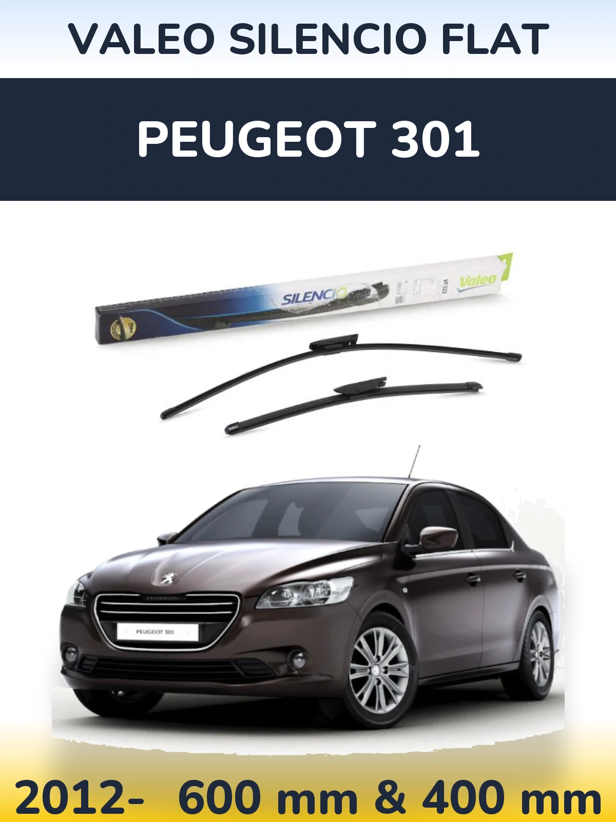 Front wiper blade set Valeo Silencio Flat 600 & 400 mm for Peugeot 301 2012-2026