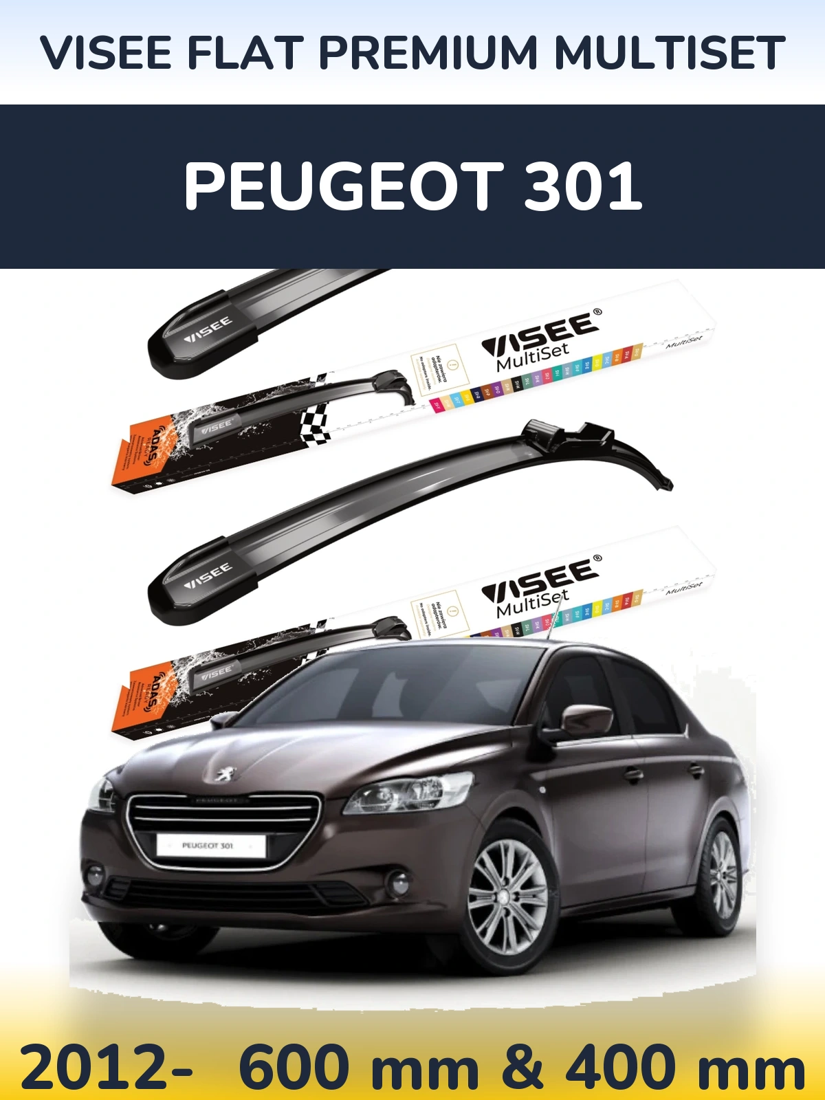Komplet przednich wycieraczek VISEE FLAT PREMIUM MultiSet 600 & 400 mm do Peugeot 301 2012-2026
