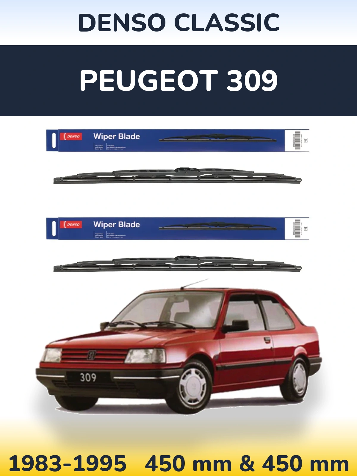Front wiper blade set Denso Classic 450 & 450 mm for Peugeot 309 1983-1995