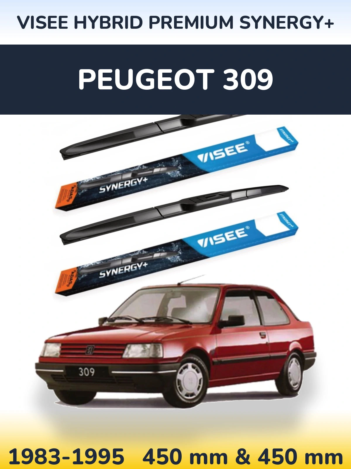 Front wiper blade set VISEE HYBRID PREMIUM SYNERGY+ 450 & 450 mm for Peugeot 309 1983-1995