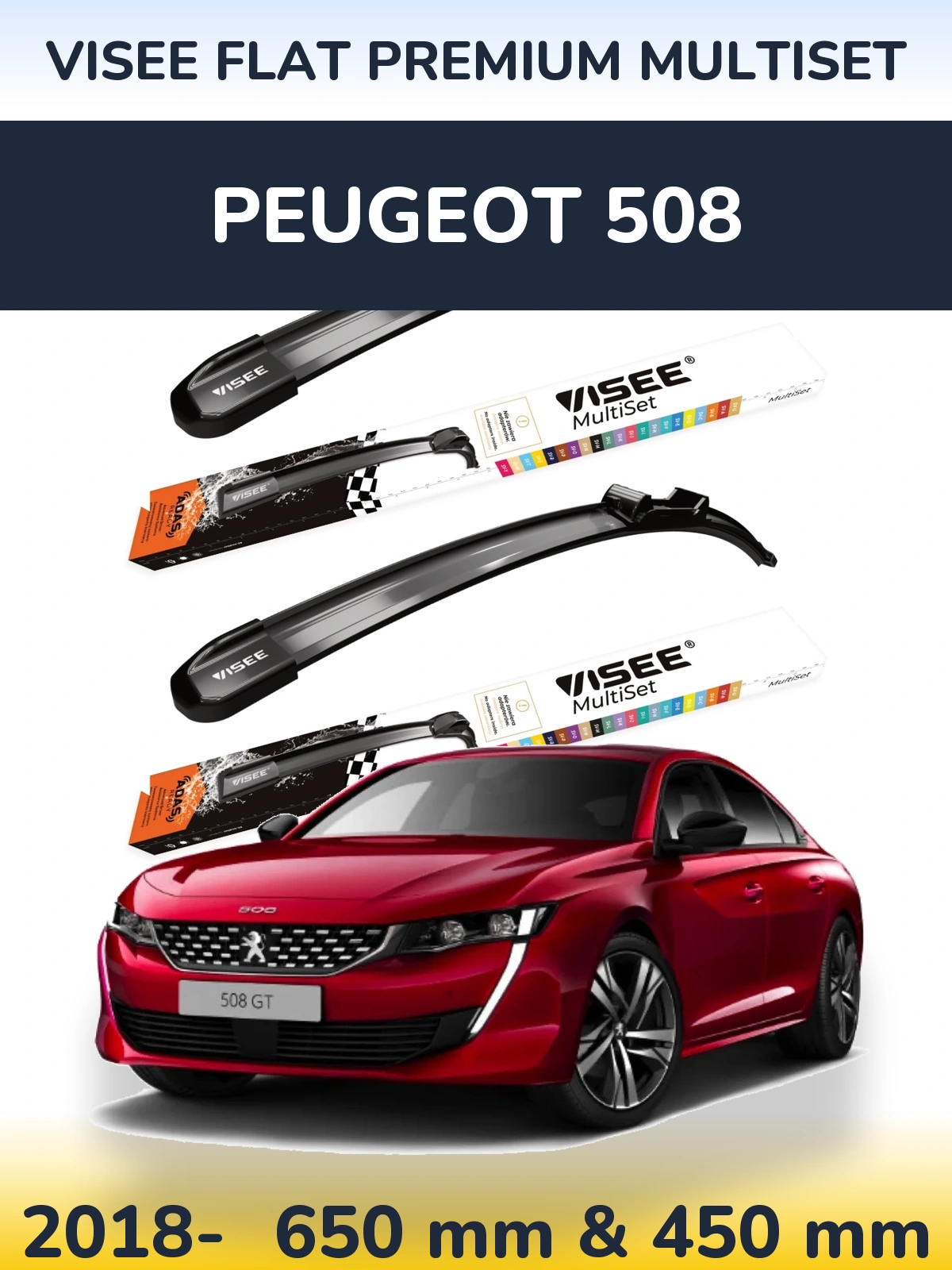 Komplet przednich wycieraczek VISEE FLAT PREMIUM MultiSet 650 & 450 mm do Peugeot 508 2018-2026