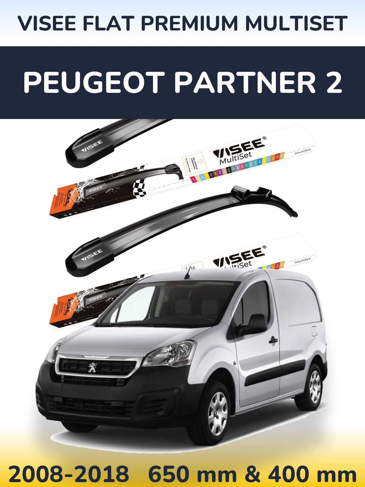 Front wiper blade set VISEE FLAT PREMIUM MultiSet 650 & 400 mm for Peugeot Partner 2 2008-2018