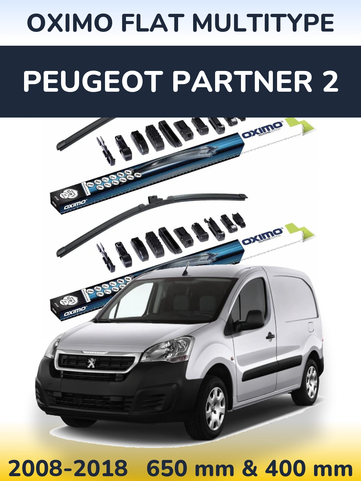 Комплект передних дворников Oximo Flat MultiТипe 650 & 400 мм для Peugeot Partner 2 2008-2018