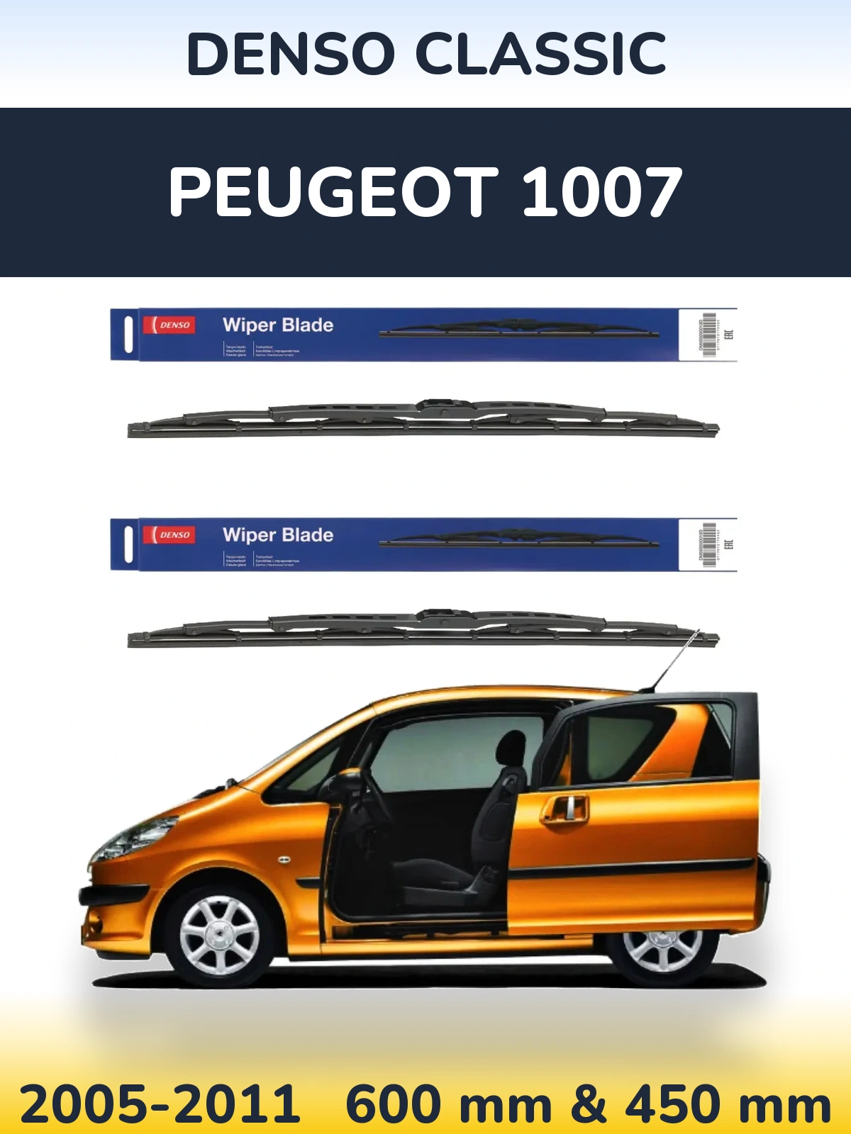 Front wiper blade set Denso Classic 600 & 450 mm for Peugeot 1007 2005-2011