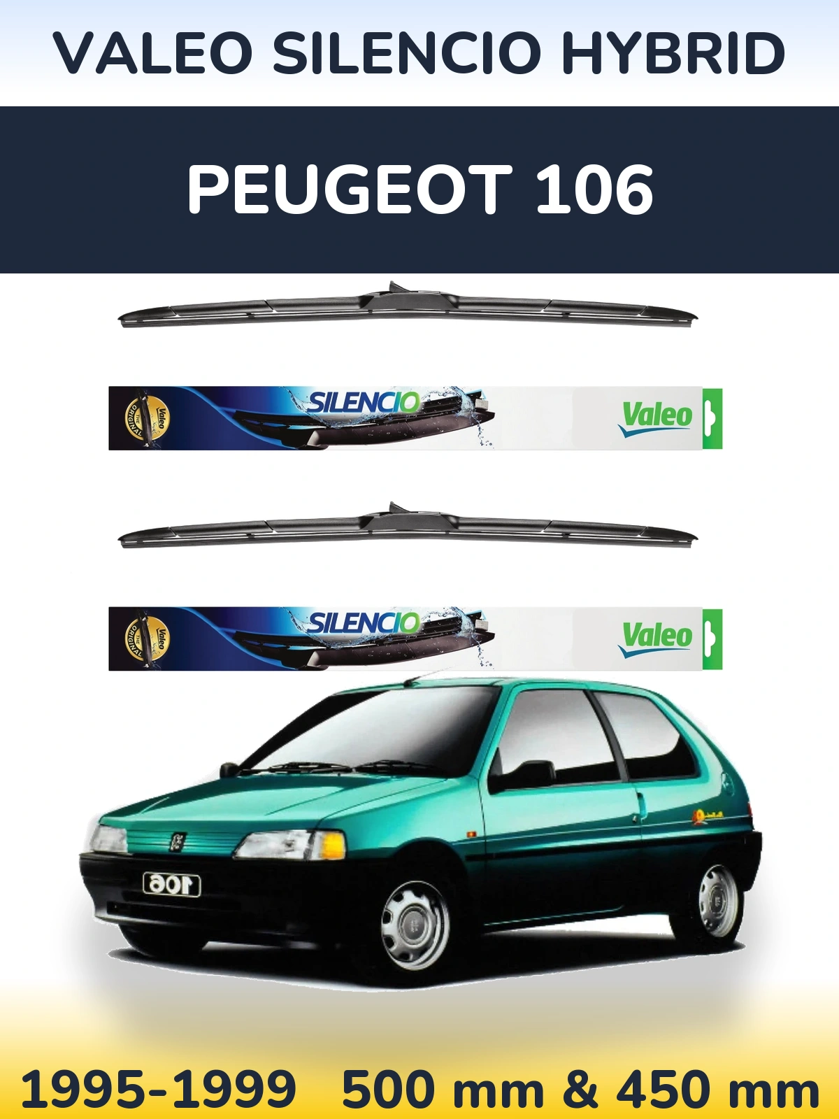 Komplet przednich wycieraczek Valeo Silencio Hybrid 500 & 450 mm do Peugeot 106 1995-1999