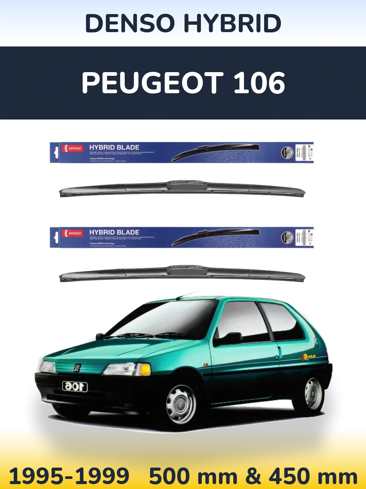 Komplet przednich wycieraczek Denso Hybrid 500 & 450 mm do Peugeot 106 1995-1999