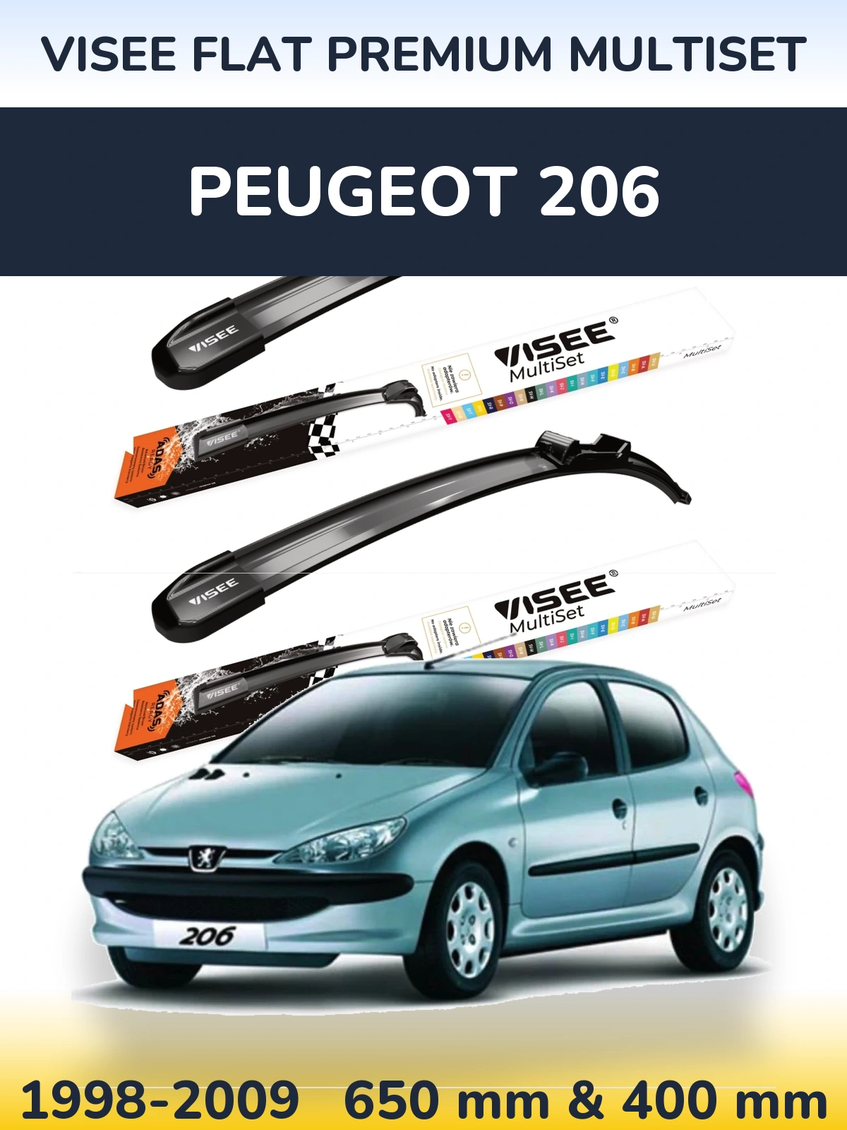 Комплект передних дворников VISEE FLAT PREMIUM MultiSet 650 & 400 мм для Peugeot 206 1998-2009