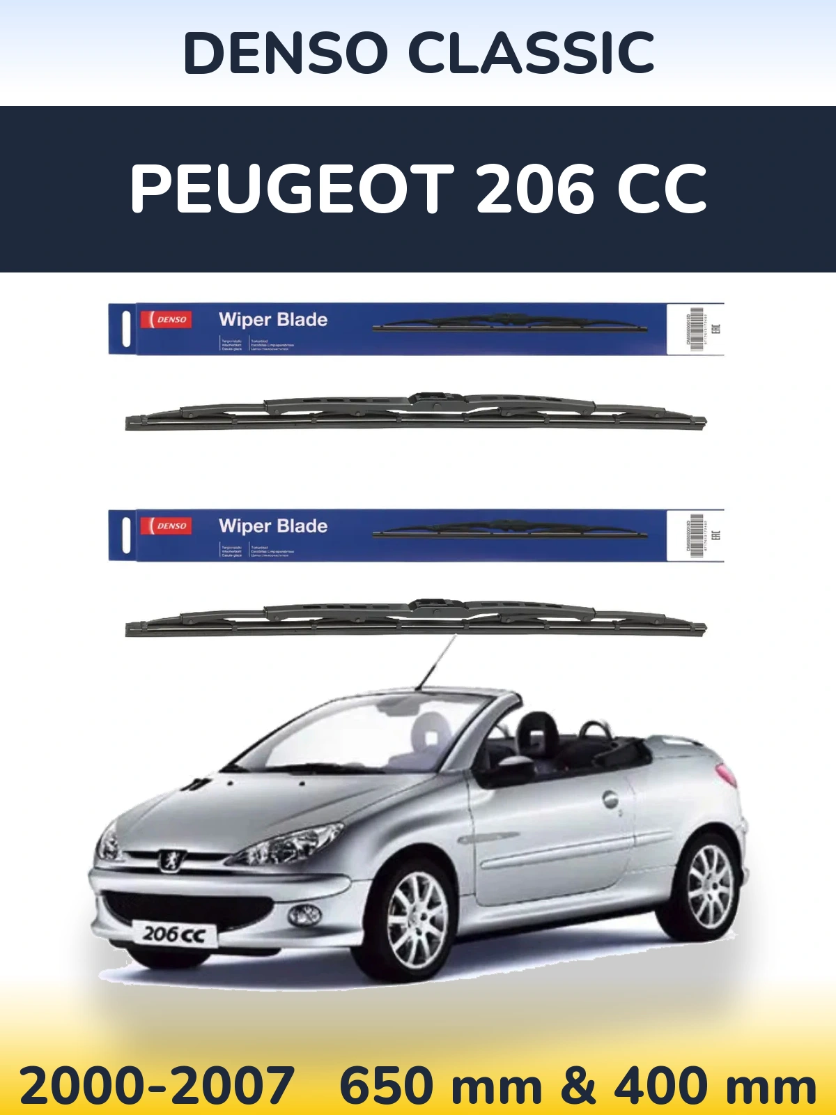 Front wiper blade set Denso Classic 650 & 400 mm for Peugeot 206 CC 2000-2007