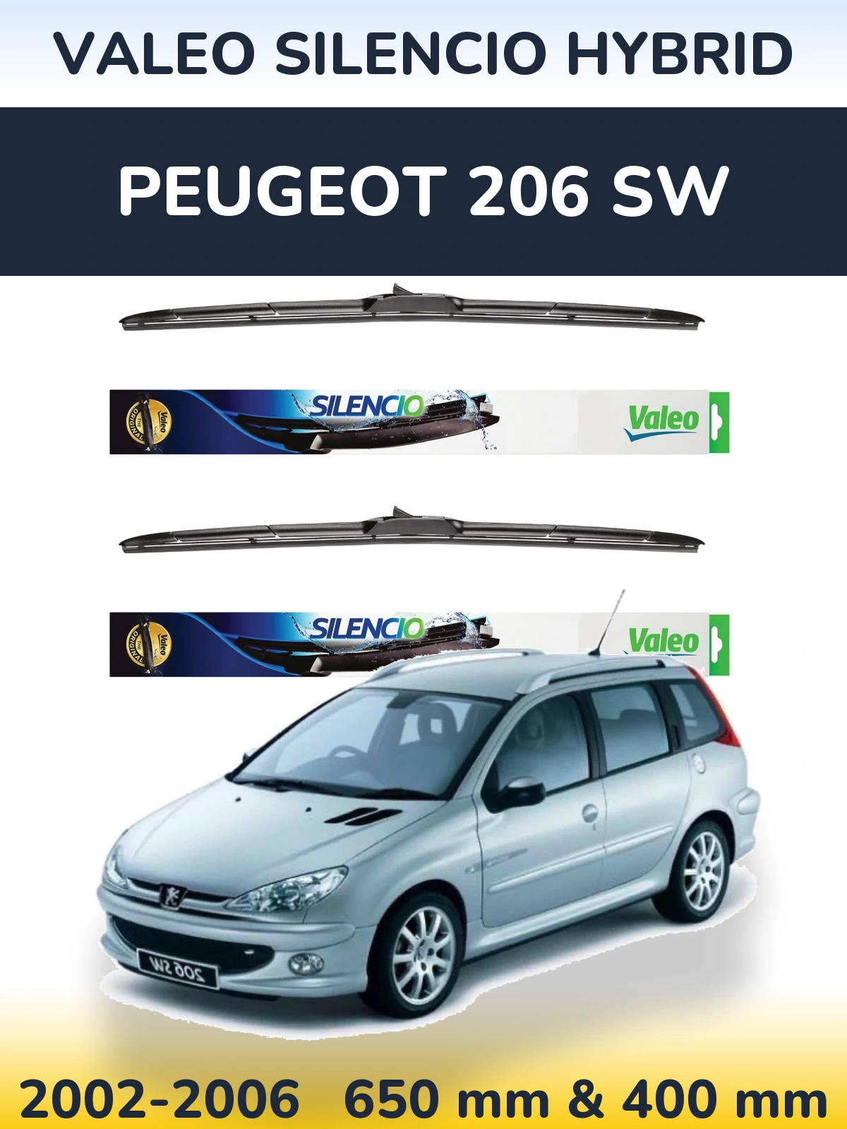 Komplet przednich wycieraczek Valeo Silencio Hybrid 650 & 400 mm do Peugeot 206 SW 2002-2006