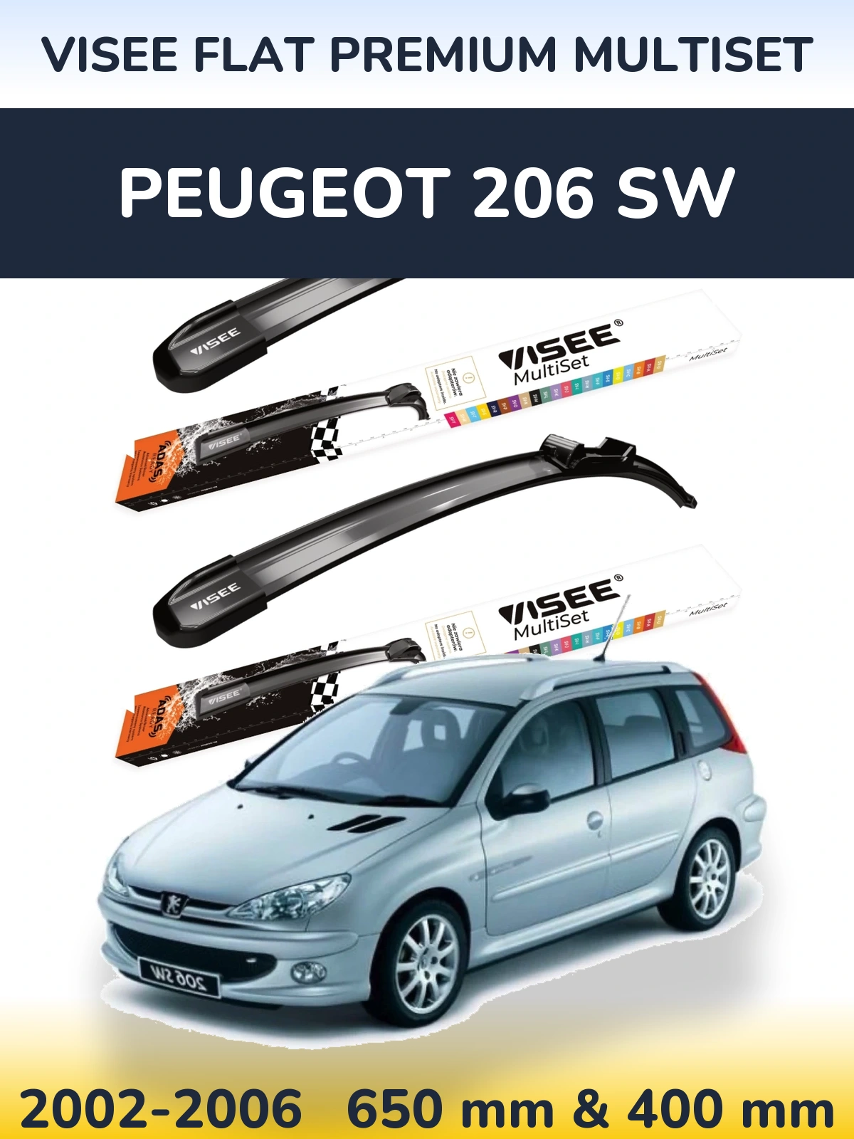 Front wiper blade set VISEE FLAT PREMIUM MultiSet 650 & 400 mm for Peugeot 206 SW 2002-2006