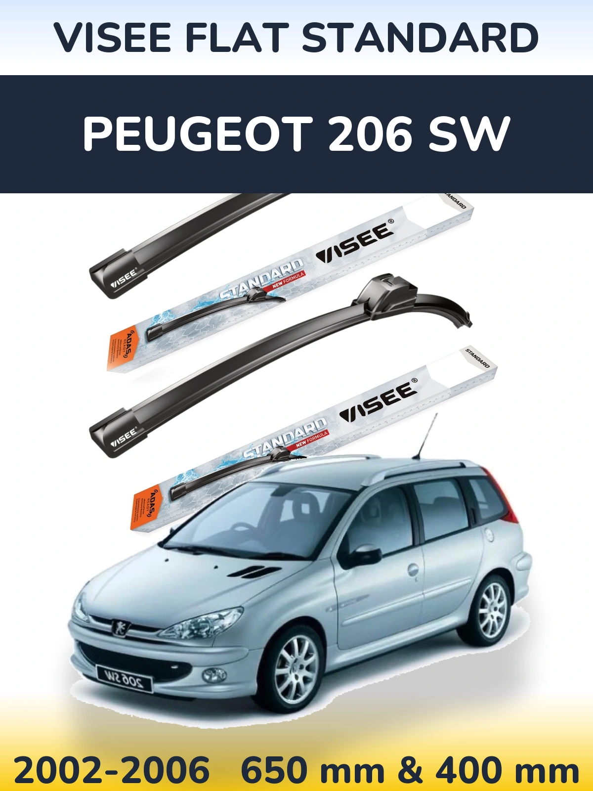 Комплект передних дворников VISEE FLAT STANDARD 650 & 400 мм для Peugeot 206 SW 2002-2006