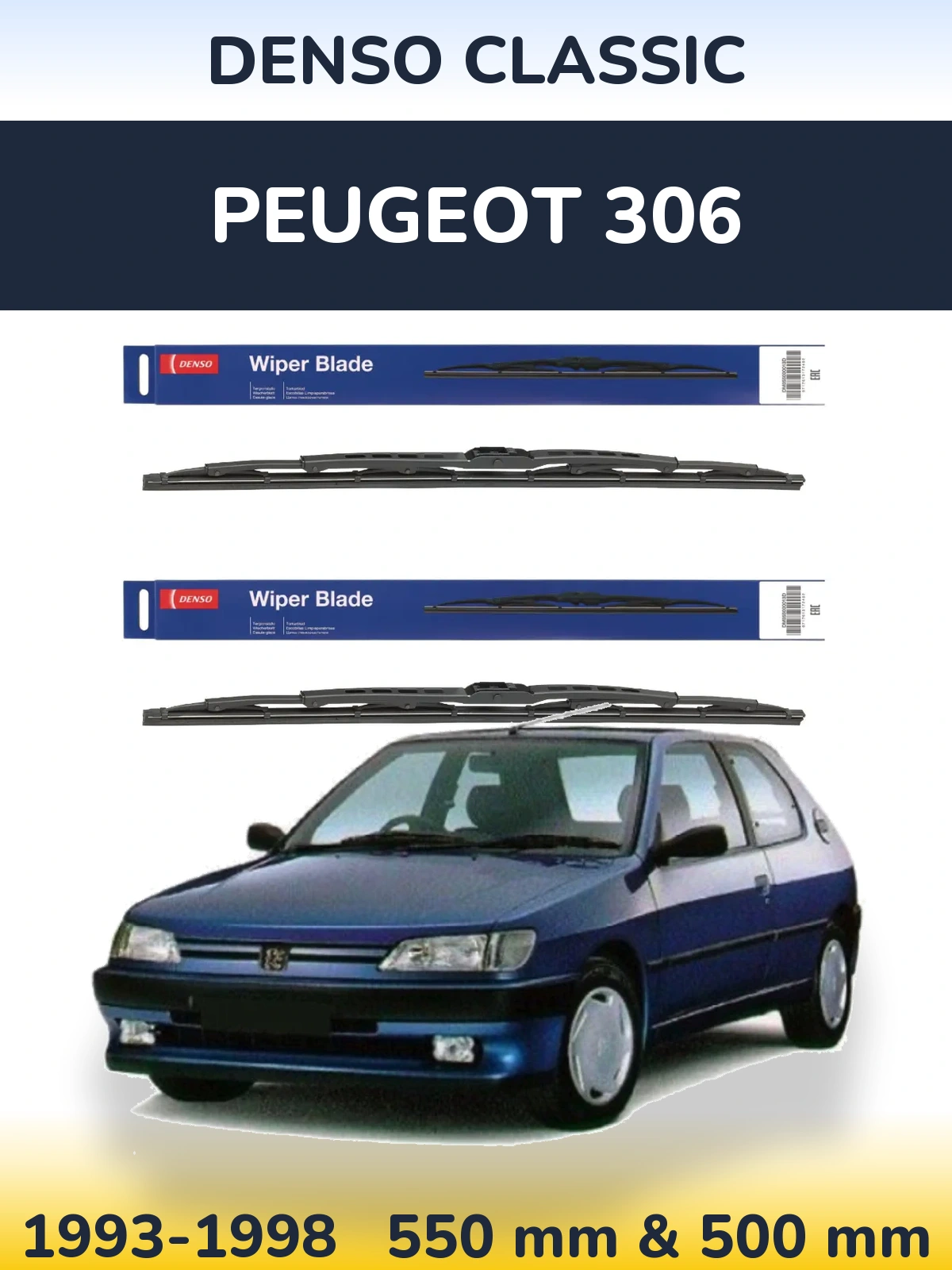 Front wiper blade set Denso Classic 550 & 500 mm for Peugeot 306 1993-1998