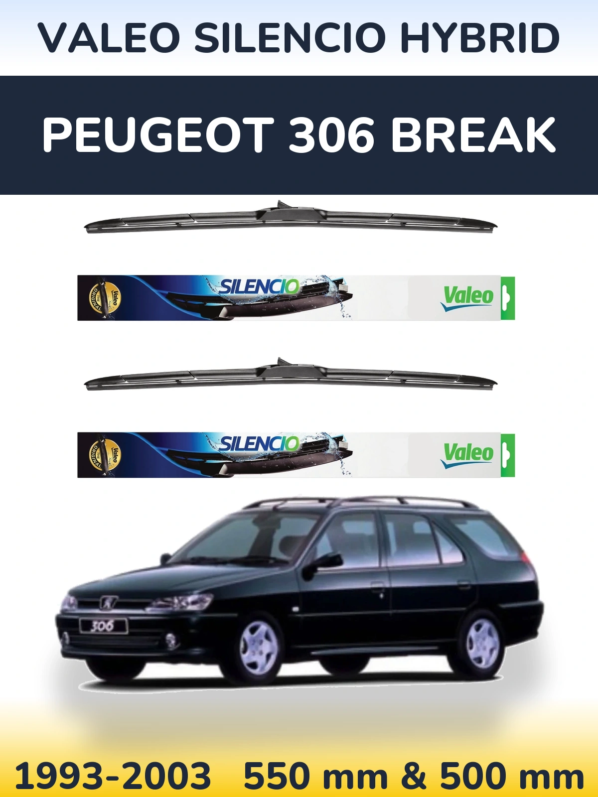 Komplet przednich wycieraczek Valeo Silencio Hybrid 550 & 500 mm do Peugeot 306 Break 1993-2003