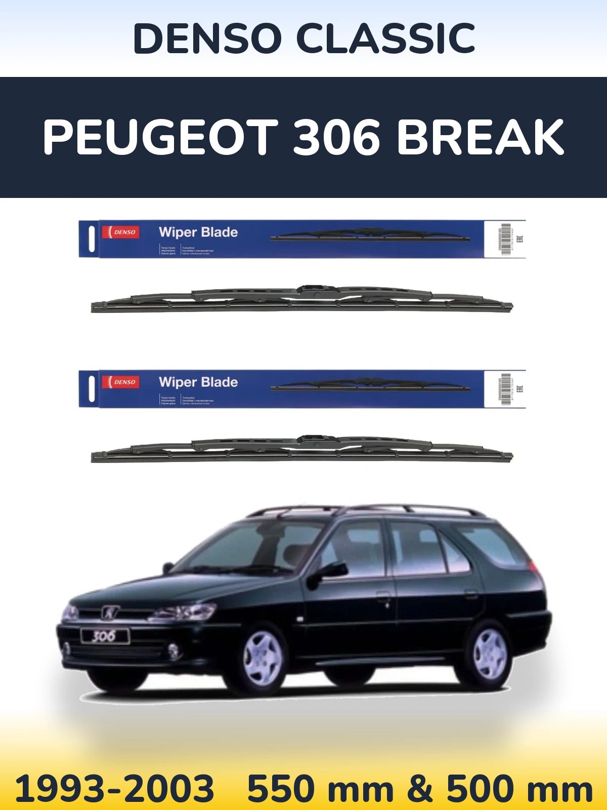 Front wiper blade set Denso Classic 550 & 500 mm for Peugeot 306 Break 1993-2003