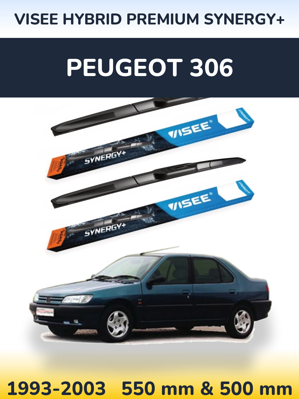 Komplet przednich wycieraczek VISEE HYBRID PREMIUM SYNERGY+ 550 & 500 mm do Peugeot 306 1993-2003
