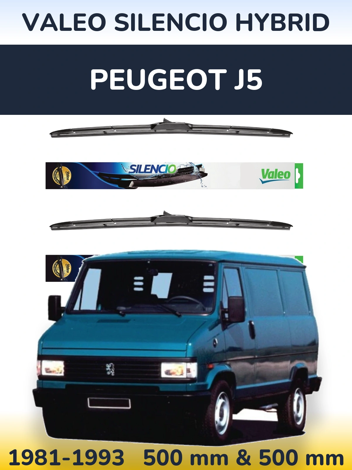 Комплект передніх щіток Valeo Silencio Hybrid 500 & 500 мм для Peugeot J5 1981-1993