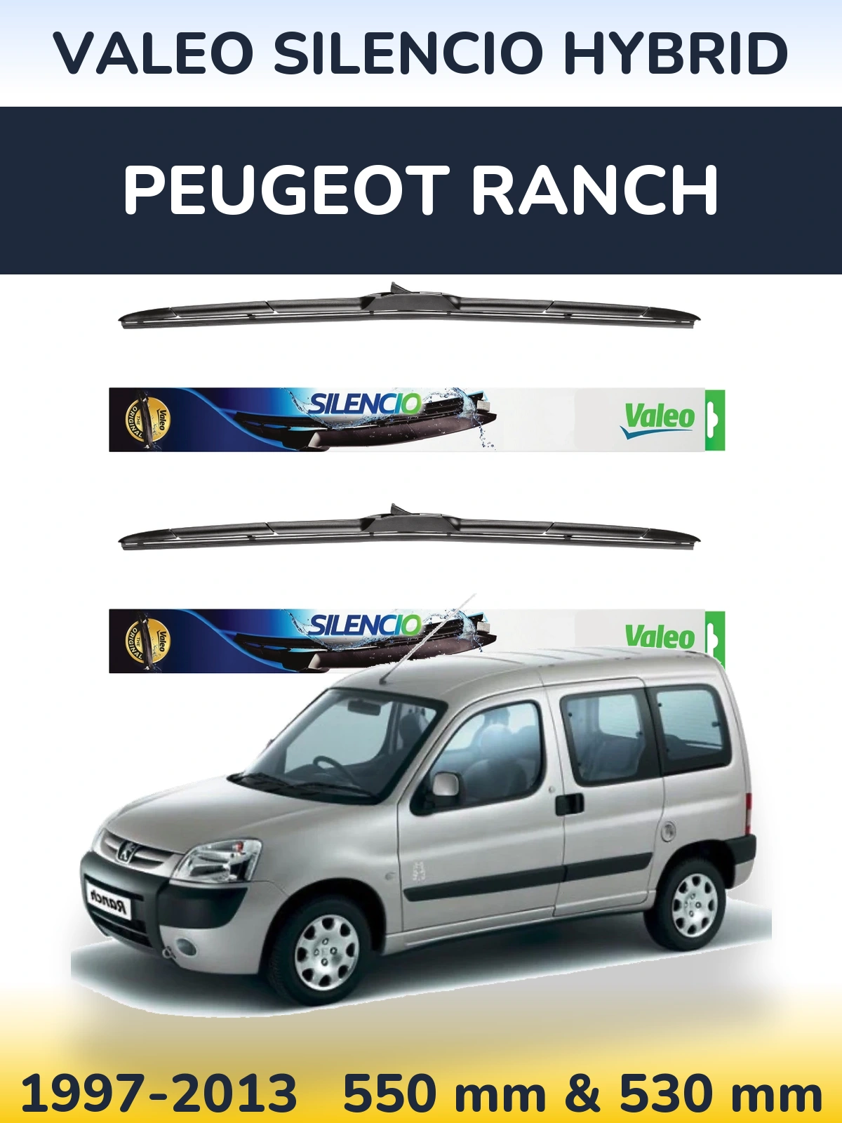 Komplet przednich wycieraczek Valeo Silencio Hybrid 550 & 530 mm do Peugeot Ranch 1997-2013