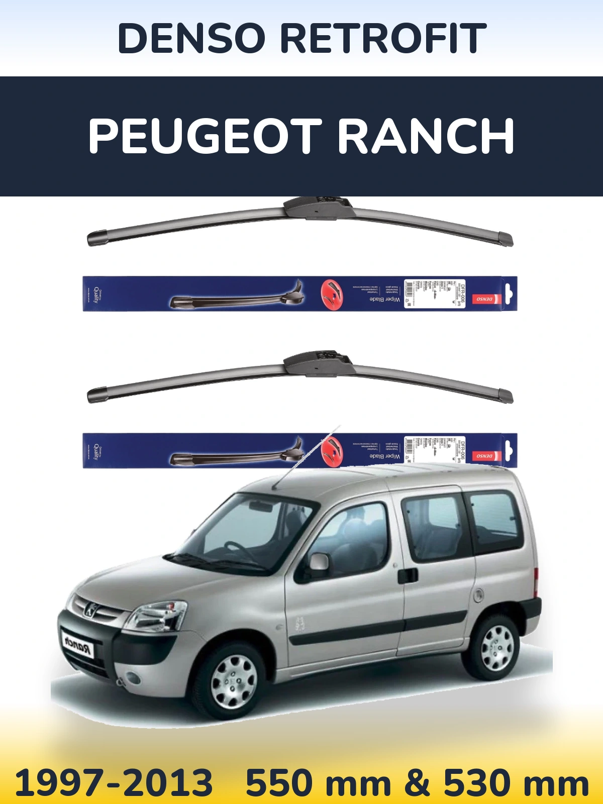 Front wiper blade set Denso Retrofit 550 & 530 mm for Peugeot Ranch 1997-2013