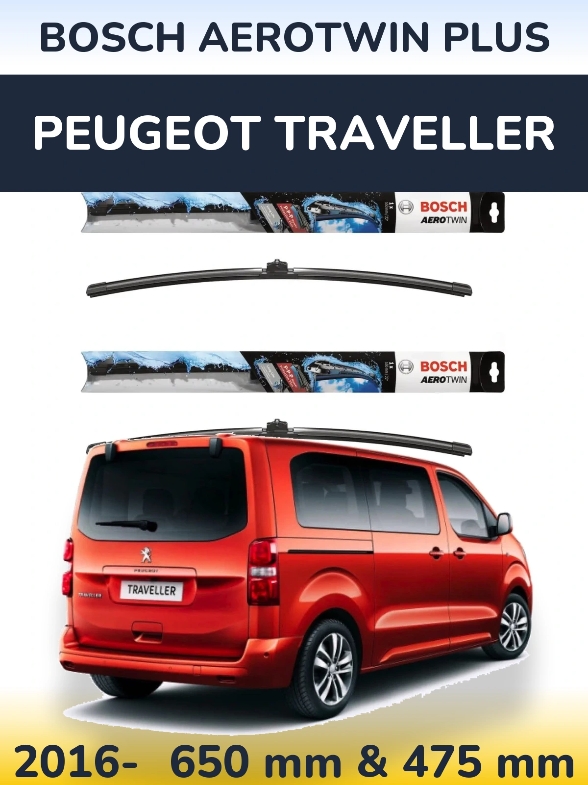 Комплект передніх щіток BOSCH AeroTwin Plus 650 & 475 мм для Peugeot Traveller 2016-2026