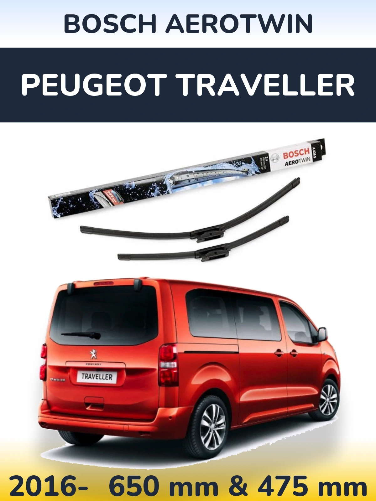 Front wiper blade set BOSCH AeroTwin 650 & 475 mm for Peugeot Traveller 2016-2026