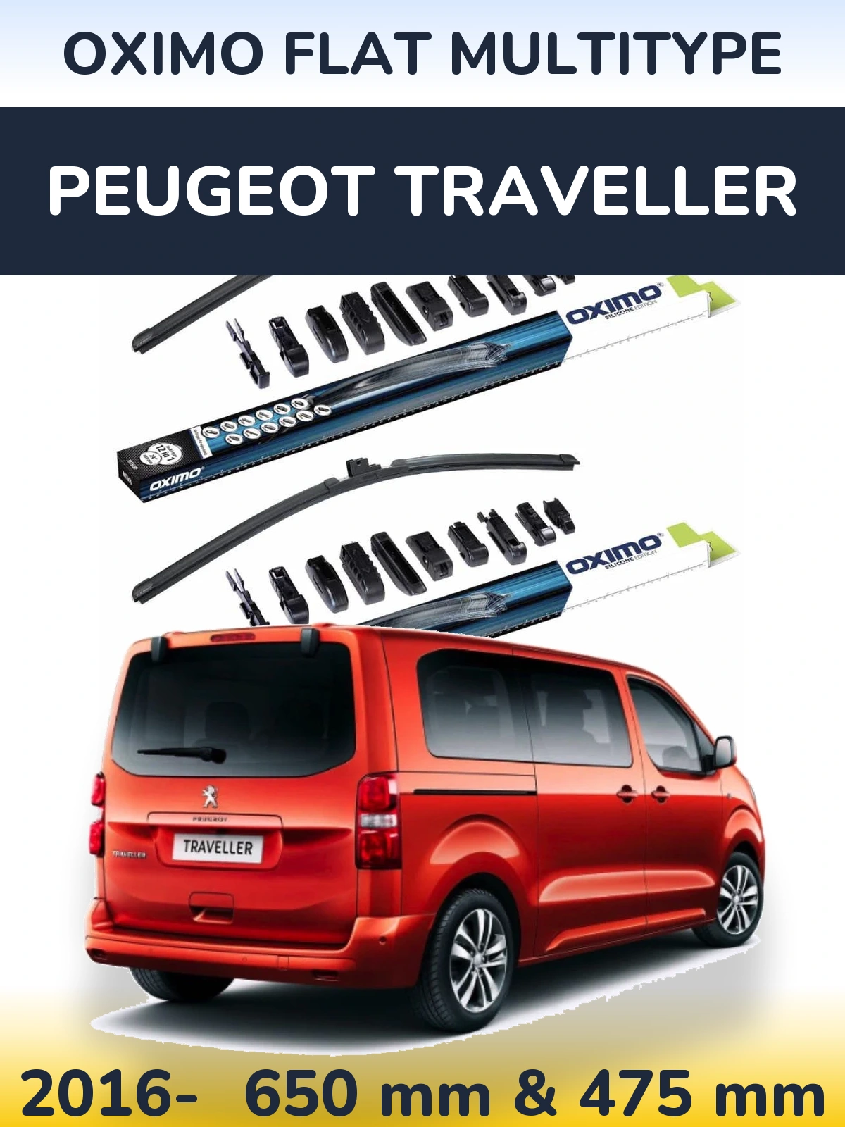 Front wiper blade set Oximo Flat MultiTypee 650 & 475 mm for Peugeot Traveller 2016-2026
