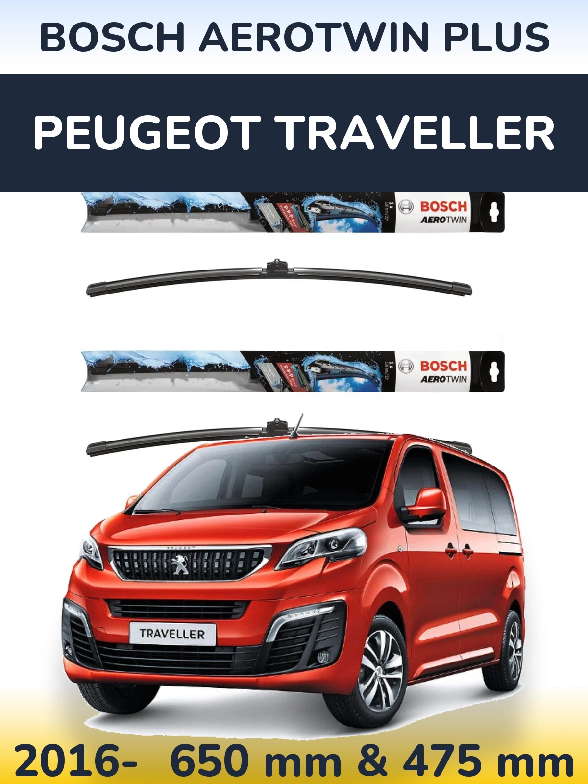 Комплект передних дворников BOSCH AeroTwin Plus 650 & 475 мм для Peugeot Traveller 2016-2026