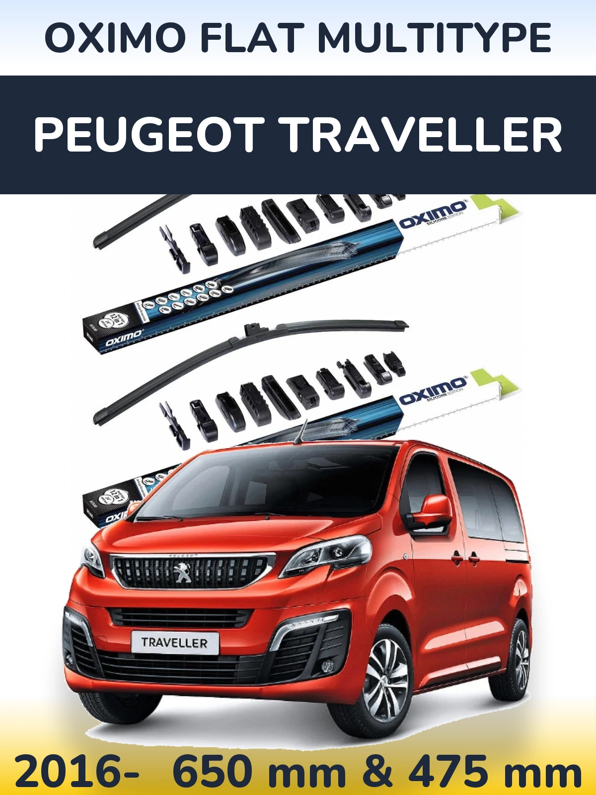 Комплект передних дворников Oximo Flat MultiТипe 650 & 475 мм для Peugeot Traveller 2016-2026